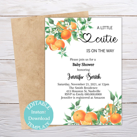 A Little Cutie is on the Way, Orange Clementine, Gender Neutral Baby Shower Invitation, Editable Instant Download