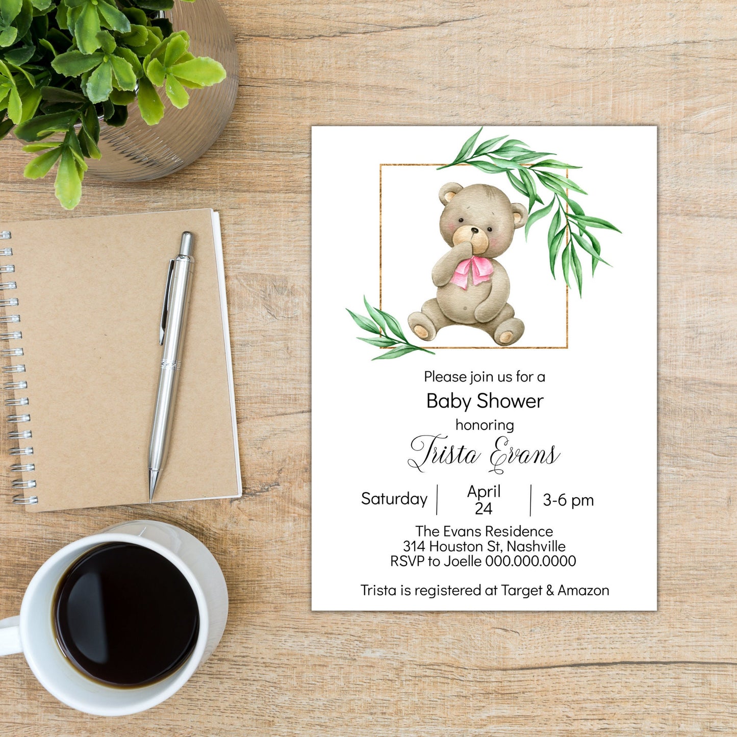 Teddy Bear Girl Baby Shower Invitation Template, Pink Bear Baby Shower Invite, Editable Template, Instant Download