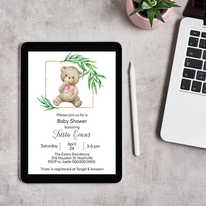 Teddy Bear Girl Baby Shower Invitation Template, Pink Bear Baby Shower Invite, Editable Template, Instant Download