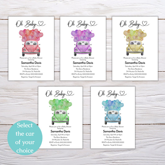 Oh Baby Car Baby Shower Invitation Template, Car Balloons Baby Shower Invite, Editable Template, Instant Download