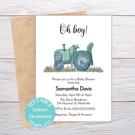 Oh Boy Tractor Baby Shower Invitation Template, Tractor Boy Baby Shower Invite, Editable Template, Instant Download