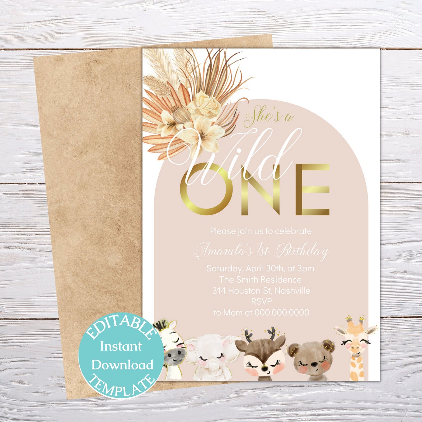 Boho Wild One Birthday Invitation, She's A Wild One Invitation Printable, Girls Wild One Birthday Invitation, Editable Instant Download