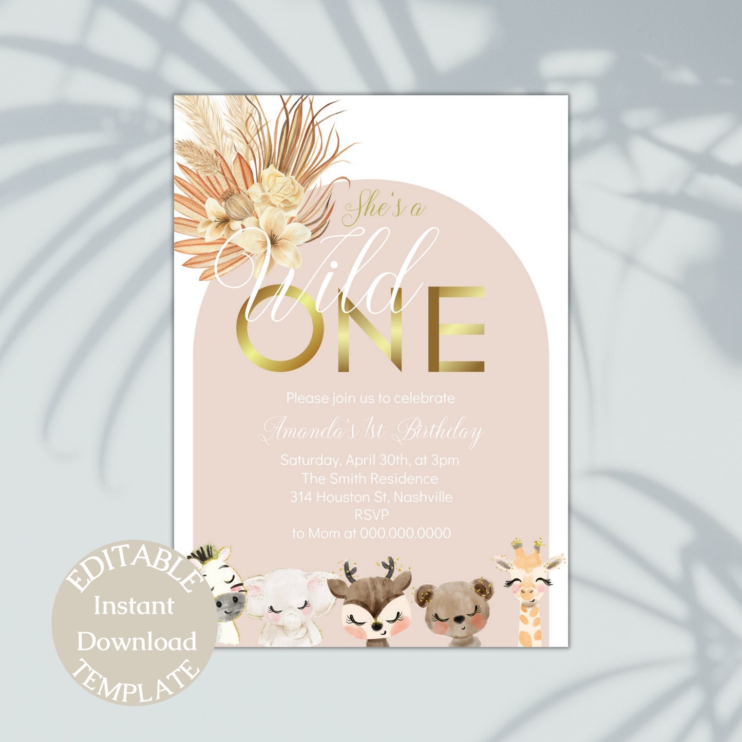 Boho Wild One Birthday Invitation, She's A Wild One Invitation Printable, Girls Wild One Birthday Invitation, Editable Instant Download