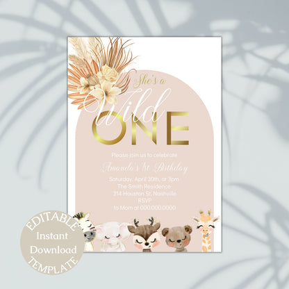 Boho Wild One Birthday Invitation, She's A Wild One Invitation Printable, Girls Wild One Birthday Invitation, Editable Instant Download