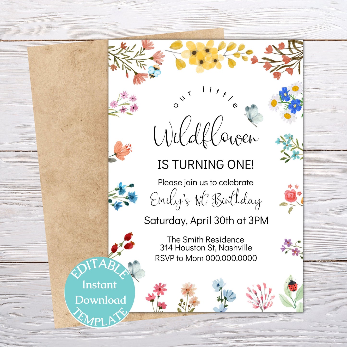 Wildflower First Birthday Invitation, 1st Birthday Invitation Girl, Girls Birthday Flower Invitation, Editable Instant Download