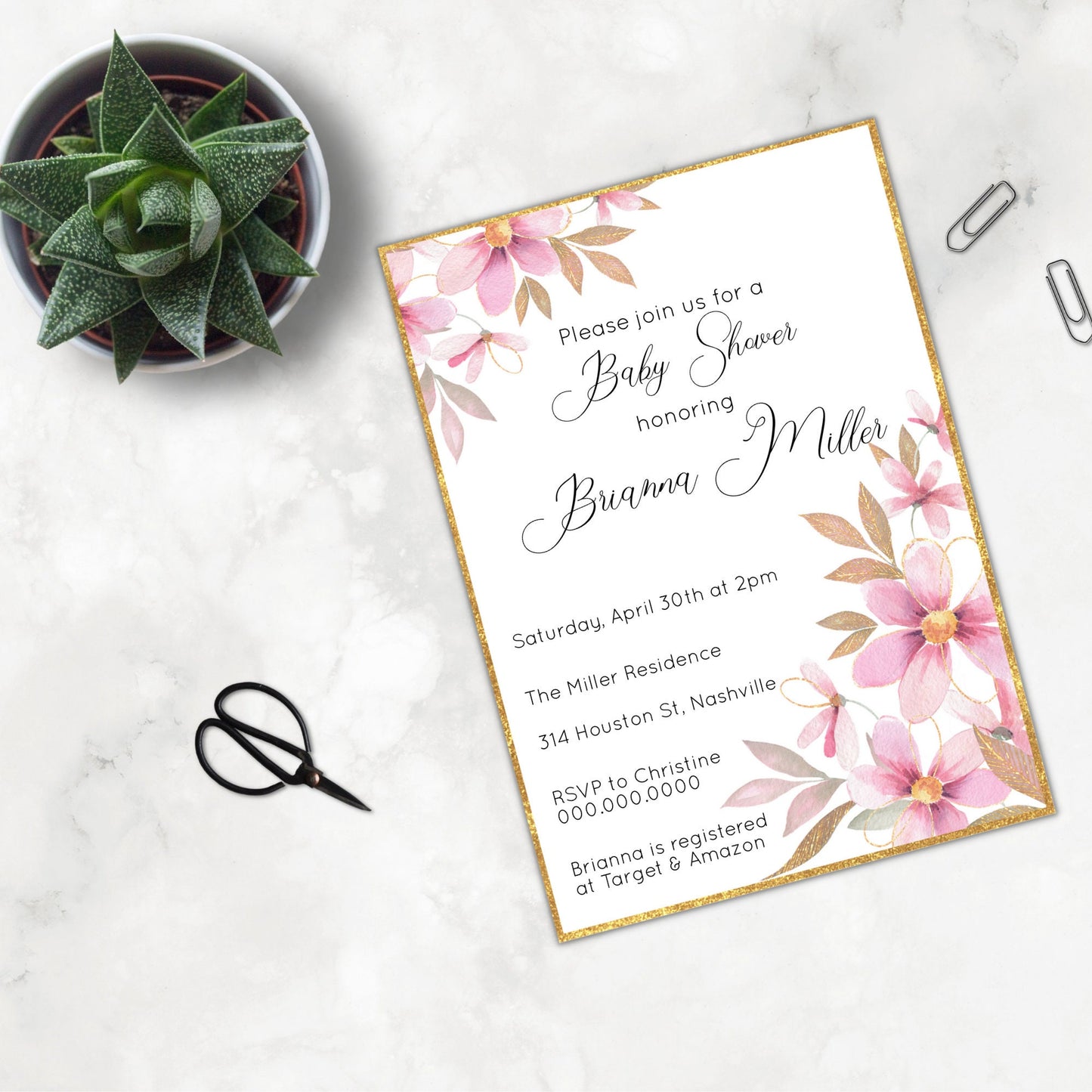 Floral Baby Shower Invitation Template, Elegant Girl Flower Baby Shower Invite, Spring Invitation, Editable Instant Download