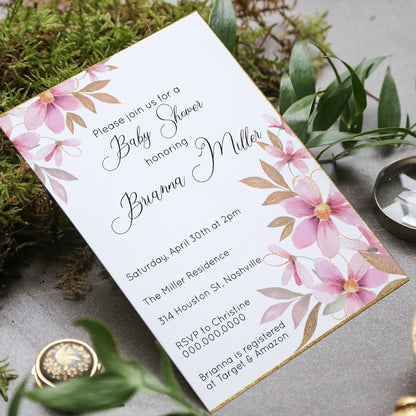 Floral Baby Shower Invitation Template, Elegant Girl Flower Baby Shower Invite, Spring Invitation, Editable Instant Download