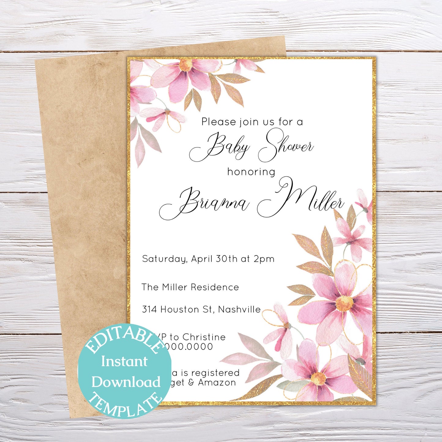 Floral Baby Shower Invitation Template, Elegant Girl Flower Baby Shower Invite, Spring Invitation, Editable Instant Download