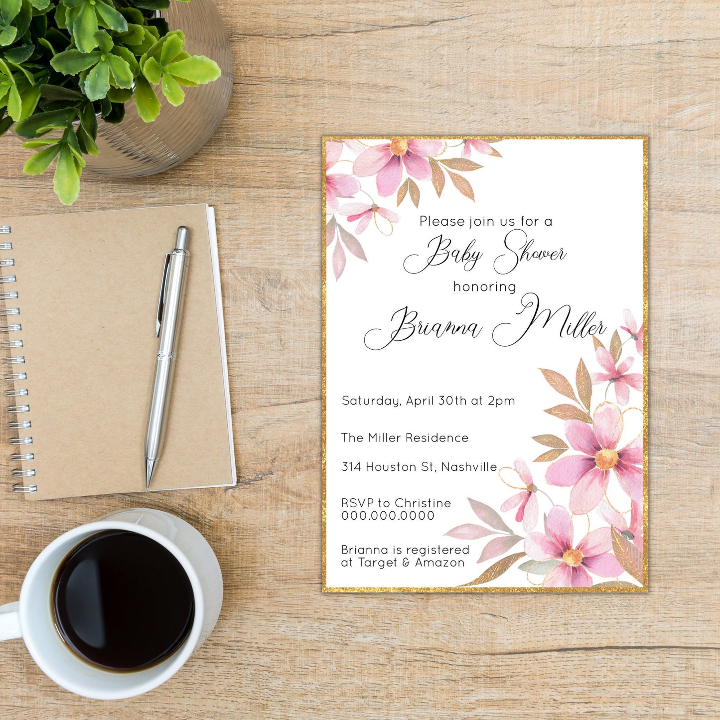 Floral Baby Shower Invitation Template, Elegant Girl Flower Baby Shower Invite, Spring Invitation, Editable Instant Download