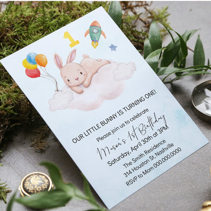 Bunny First Birthday Invitation, 1st Birthday Invitation Boy, Boys Birthday Space Invitation, Editable Instant Download