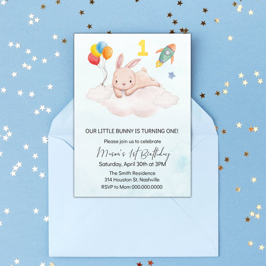 Bunny First Birthday Invitation, 1st Birthday Invitation Boy, Boys Birthday Space Invitation, Editable Instant Download