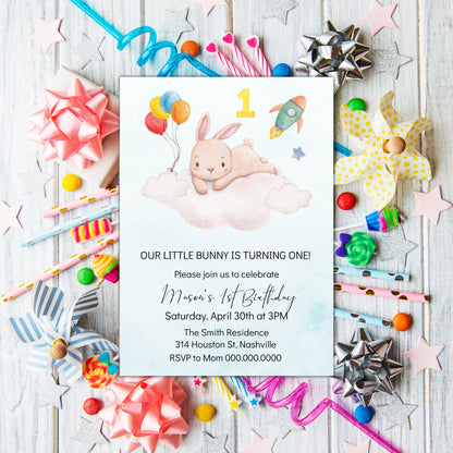 Bunny First Birthday Invitation, 1st Birthday Invitation Boy, Boys Birthday Space Invitation, Editable Instant Download