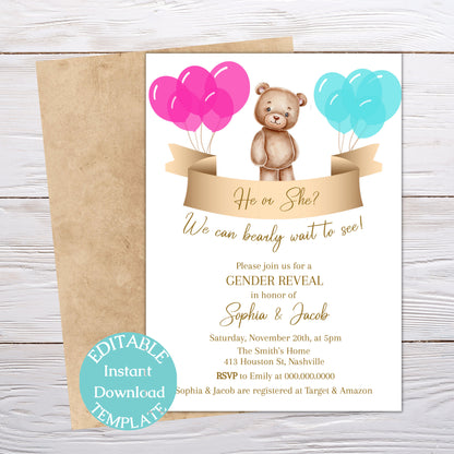 Gender Reveal Invitation Template, He or She Teddy Bear Invite, We Can Bearly Wait, Editable Template, Digital Download