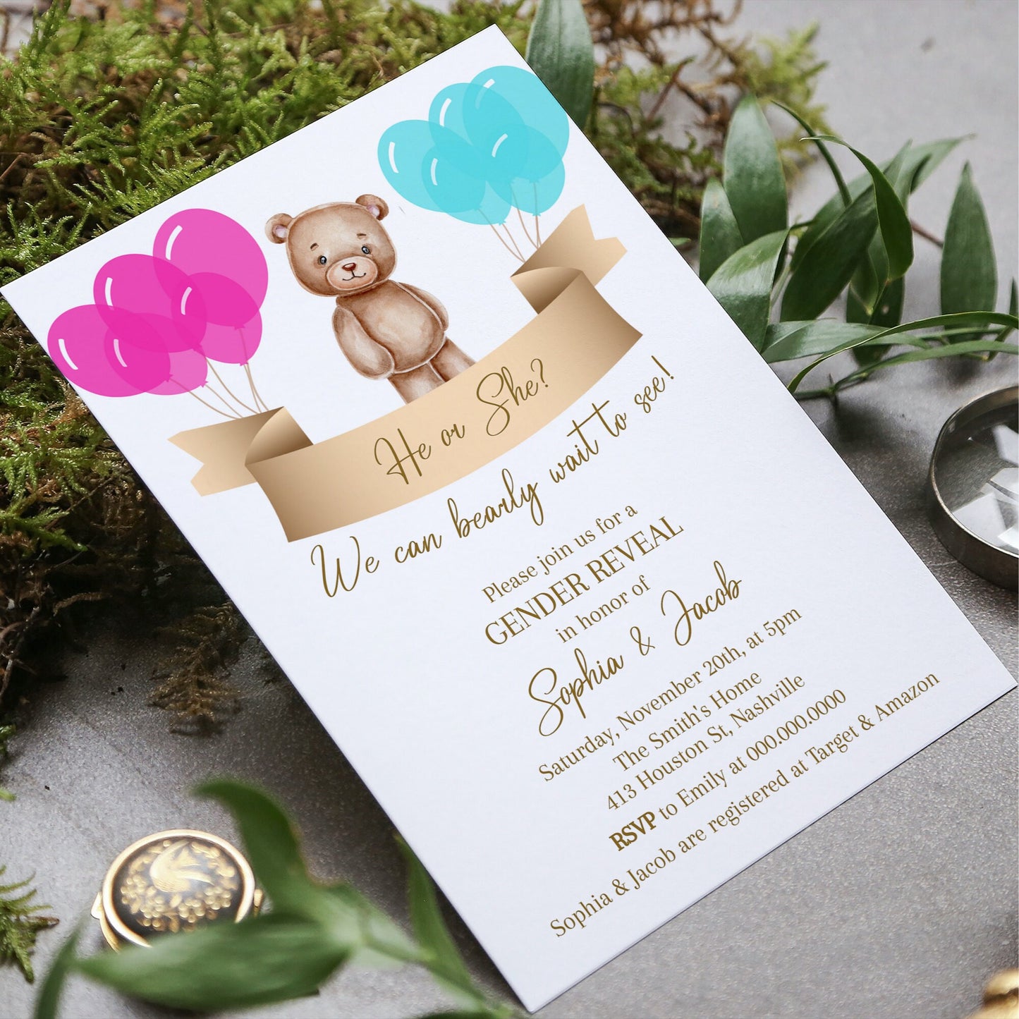 Gender Reveal Invitation Template, He or She Teddy Bear Invite, We Can Bearly Wait, Editable Template, Digital Download