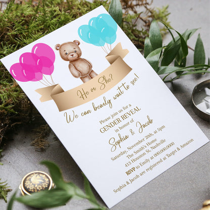 Gender Reveal Invitation Template, He or She Teddy Bear Invite, We Can Bearly Wait, Editable Template, Digital Download