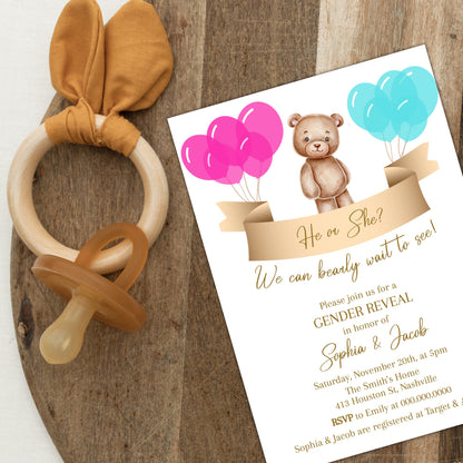 Gender Reveal Invitation Template, He or She Teddy Bear Invite, We Can Bearly Wait, Editable Template, Digital Download