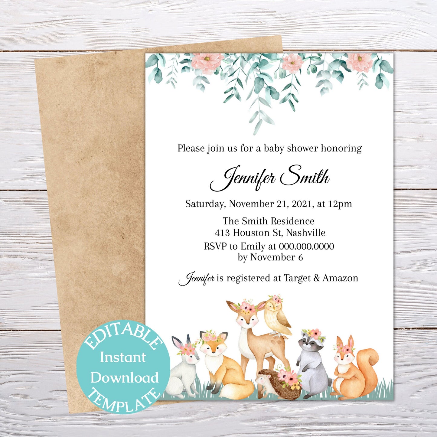 Woodland Animals Baby Shower Invitation Template, Forest Animals, Woodland Creatures, Editable Instant Download