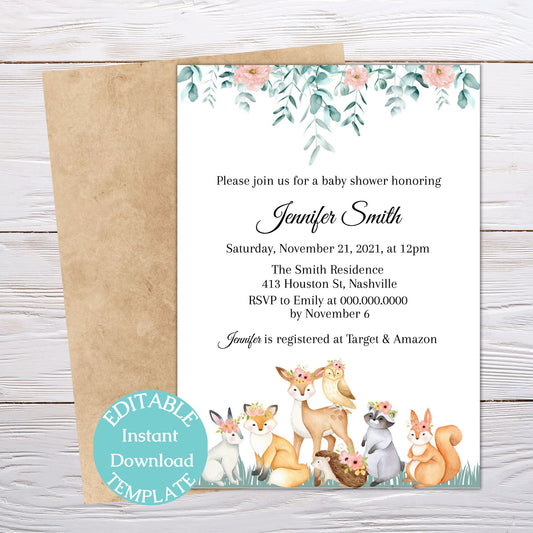 Woodland Animals Baby Shower Invitation Template, Forest Animals, Woodland Creatures, Editable Instant Download