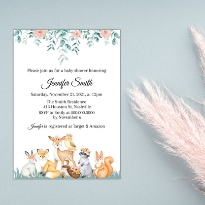 Woodland Animals Baby Shower Invitation Template, Forest Animals, Woodland Creatures, Editable Instant Download