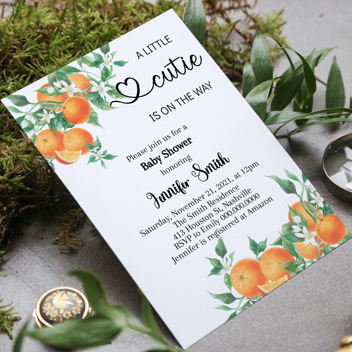 A Little Cutie is on the Way, Orange Clementine, Gender Neutral Baby Shower Invitation, Editable Instant Download