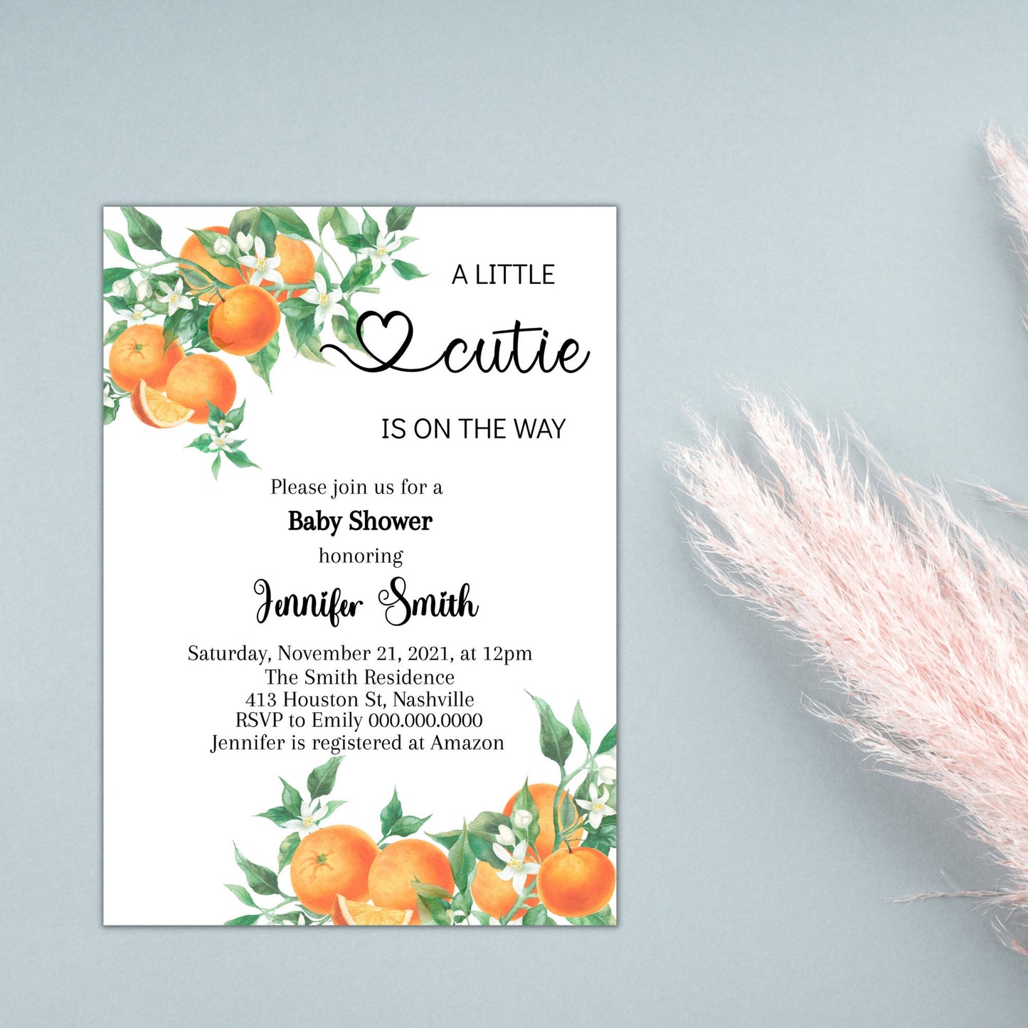 A Little Cutie is on the Way, Orange Clementine, Gender Neutral Baby Shower Invitation, Editable Instant Download