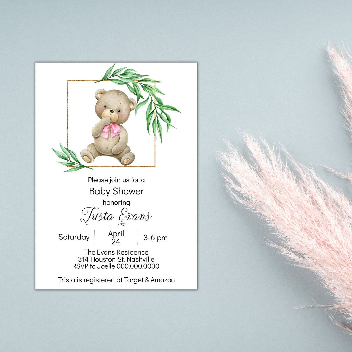 Teddy Bear Girl Baby Shower Invitation Template, Pink Bear Baby Shower Invite, Editable Template, Instant Download