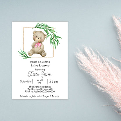 Teddy Bear Girl Baby Shower Invitation Template, Pink Bear Baby Shower Invite, Editable Template, Instant Download