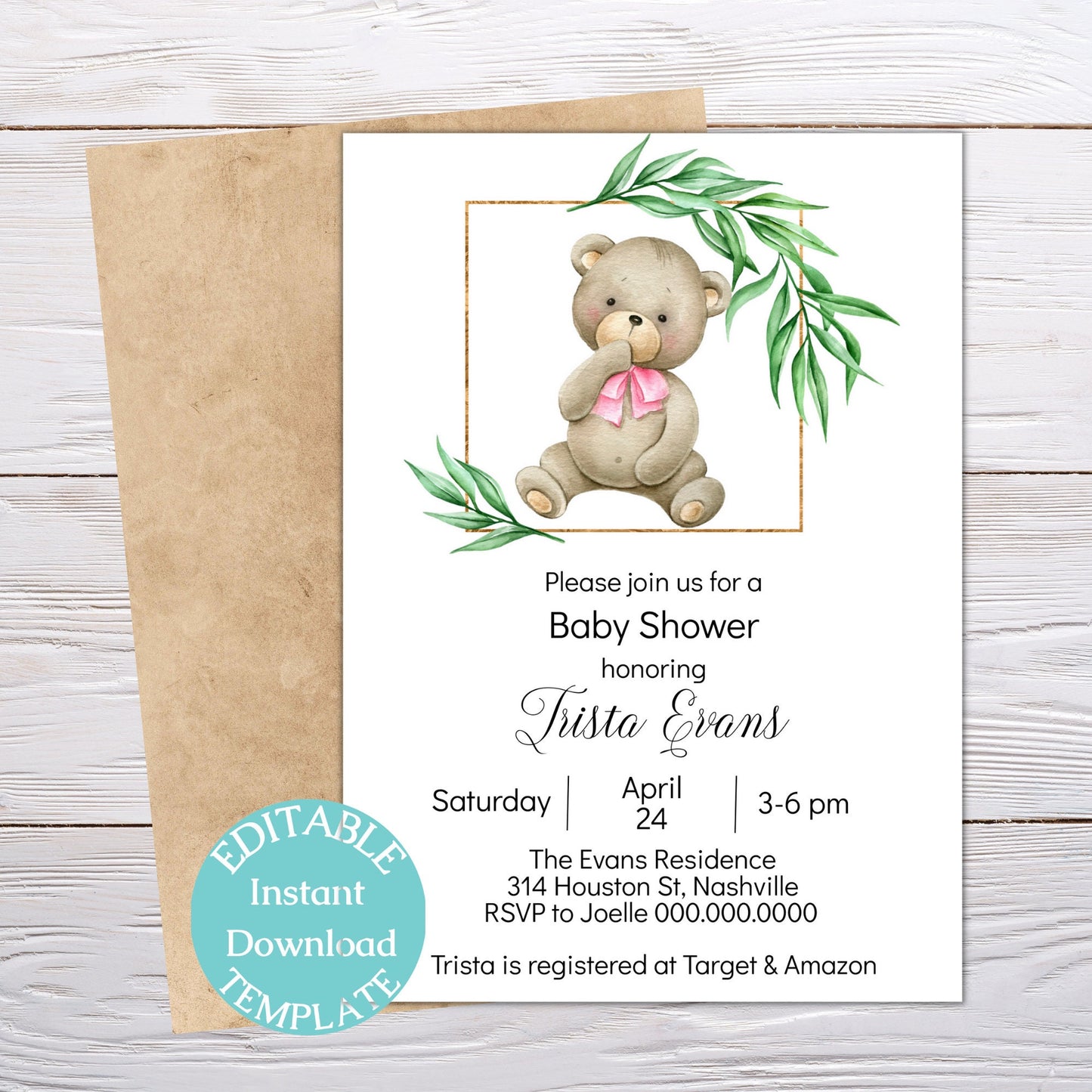 Teddy Bear Girl Baby Shower Invitation Template, Pink Bear Baby Shower Invite, Editable Template, Instant Download