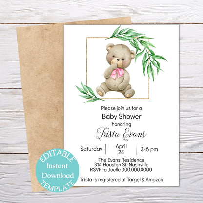 Teddy Bear Girl Baby Shower Invitation Template, Pink Bear Baby Shower Invite, Editable Template, Instant Download