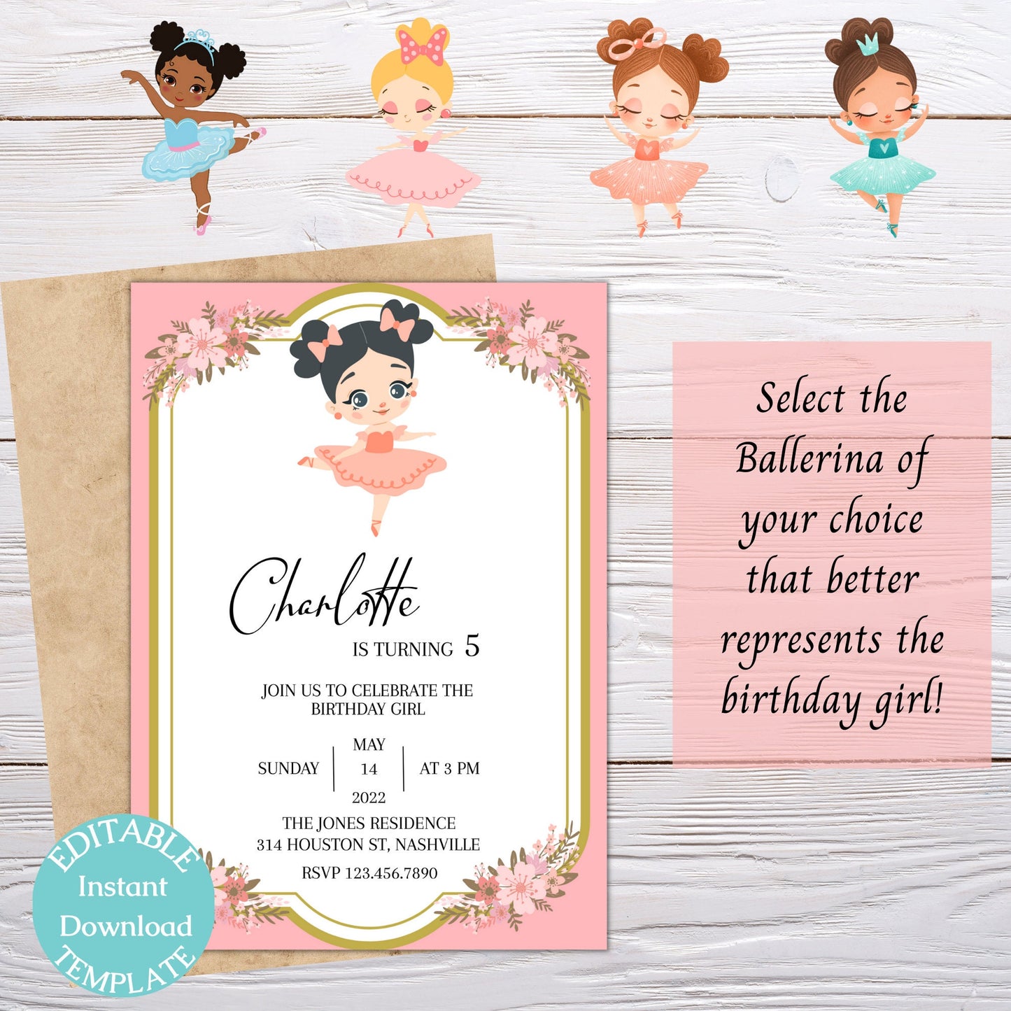 Ballerina Birthday Invitation, Inclusive Ballerina Birthday Invite, Girl Birthday Invitation, Editable Instant Download