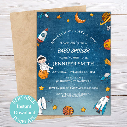 Space Baby Shower Invitation, Digital Astronaut Invitation, Galaxy Planets Stars Baby Shower Invite, Editable Digital Download