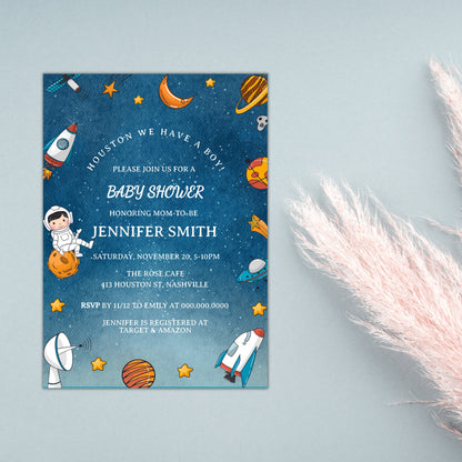 Space Baby Shower Invitation, Digital Astronaut Invitation, Galaxy Planets Stars Baby Shower Invite, Editable Digital Download