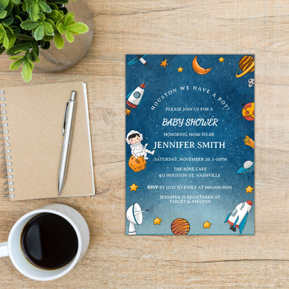 Space Baby Shower Invitation, Digital Astronaut Invitation, Galaxy Planets Stars Baby Shower Invite, Editable Digital Download