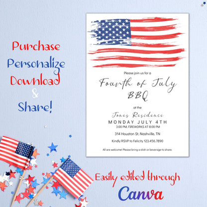 AMERICAN FLAG 4th of July Invitation Template, American BBQ Invitation, Fourth of July Celebration, Fireworks, Instant Edit & Download