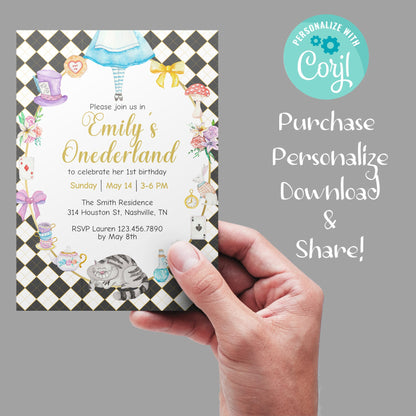 Alice in Wonderland Invitation Template, Alice in Onederland 1st Birthday Invite, Mad Tea Party, Editable Printable Instant Download