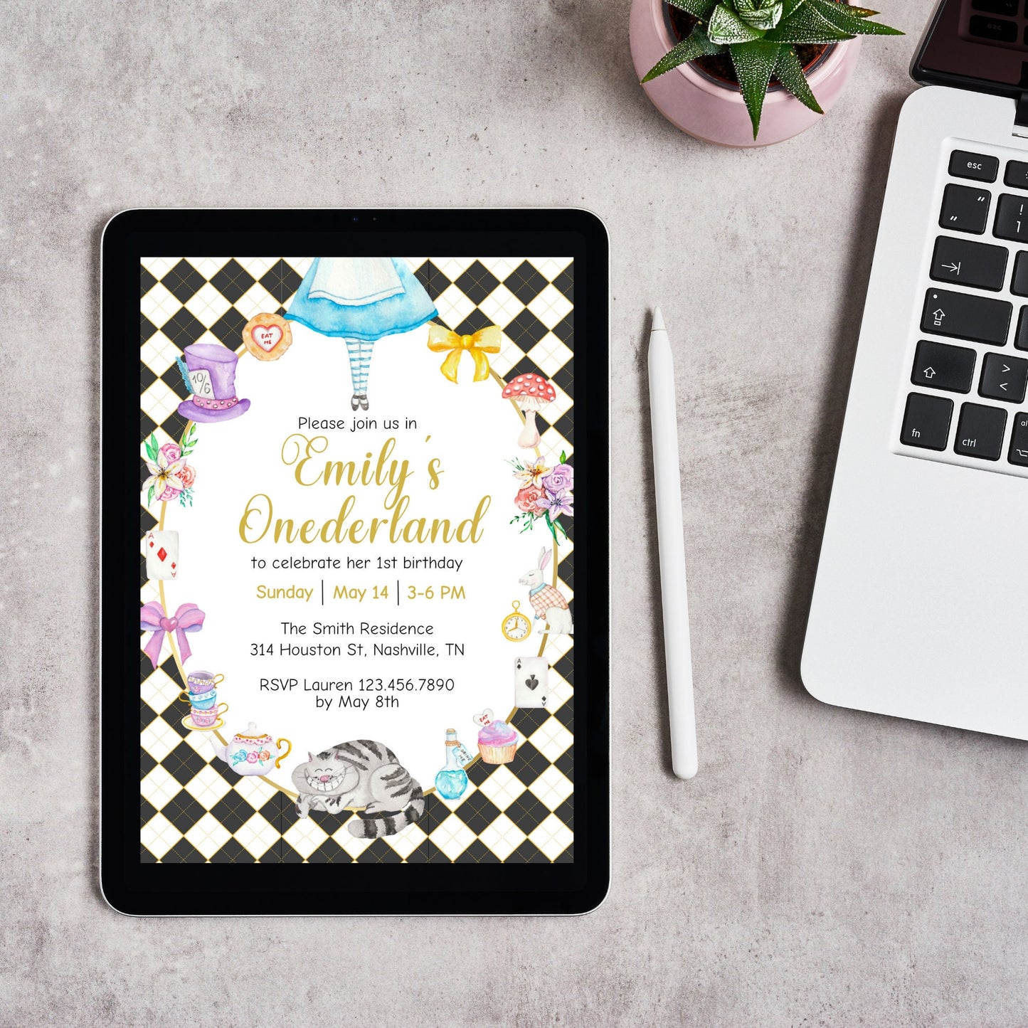 Alice in Wonderland Invitation Template, Alice in Onederland 1st Birthday Invite, Mad Tea Party, Editable Printable Instant Download