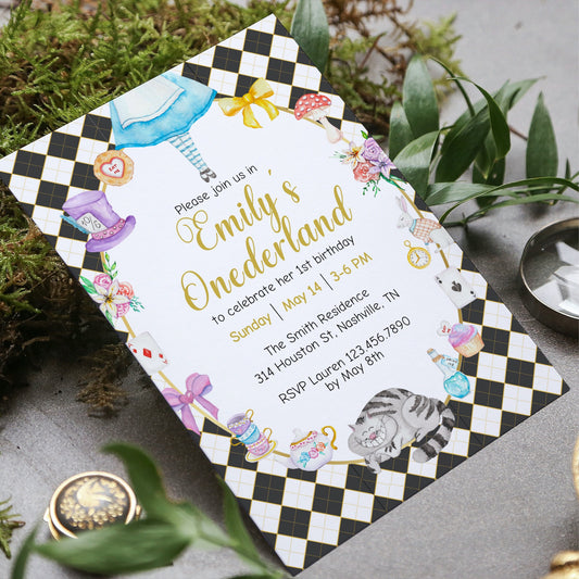 Alice in Wonderland Invitation Template, Alice in Onederland 1st Birthday Invite, Mad Tea Party, Editable Printable Instant Download