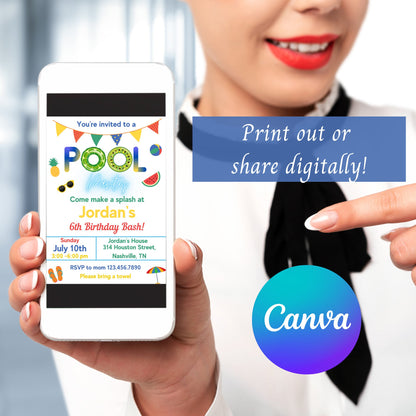 Pool Party Invitation Boy, Pool Party Birthday Invitation, Instant Download, Swimming Party Invite, Editable Template