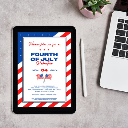 4th of July Invitation, Fourth of July Celebration, BBQ Fireworks, Neighborhood Party, Independence Day Invite, Instant Edit & Download