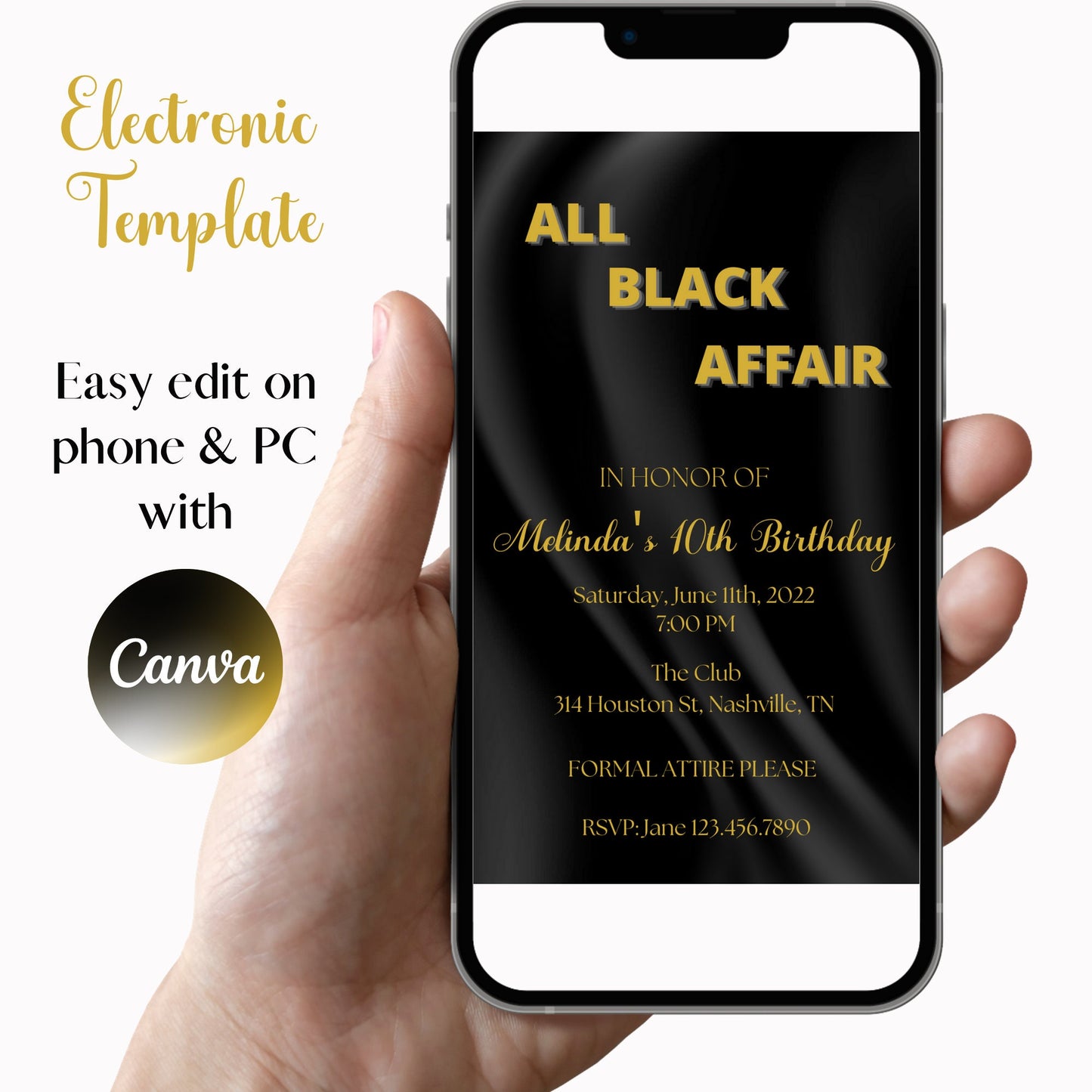 All Black Party Invitation, All Black Affair Invitation, Silk Birthday Invite, Black and Gold Birthday Invite, Editable Invite