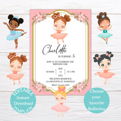 Ballerina Birthday Invitation, Inclusive Ballerina Birthday Invite, Girl Birthday Invitation, Editable Instant Download