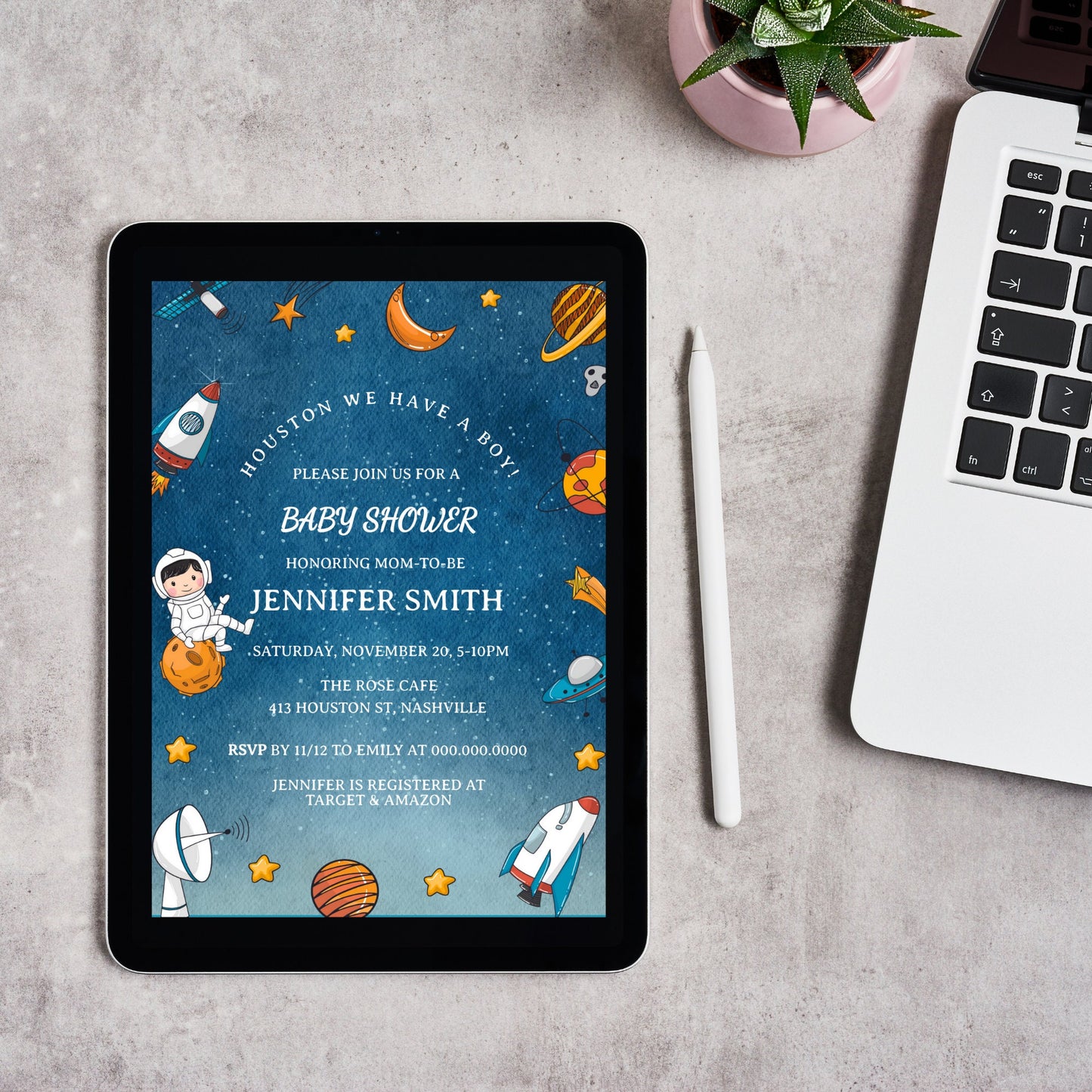 Space Baby Shower Invitation, Digital Astronaut Invitation, Galaxy Planets Stars Baby Shower Invite, Editable Digital Download