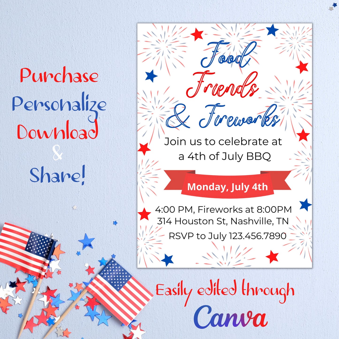 4th of July Invitation, Fourth of July Celebration, BBQ Fireworks, Neighborhood Block Party, Personalized Editable, Instant Edit & Download