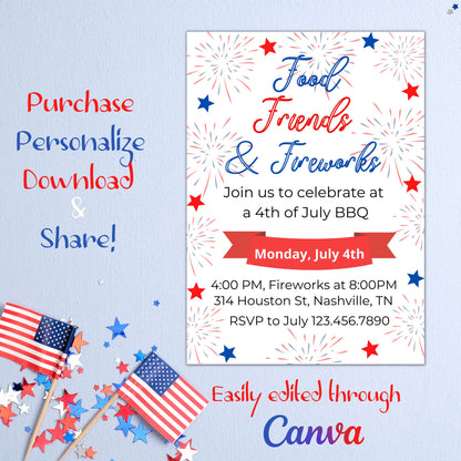 4th of July Invitation, Fourth of July Celebration, BBQ Fireworks, Neighborhood Block Party, Personalized Editable, Instant Edit & Download