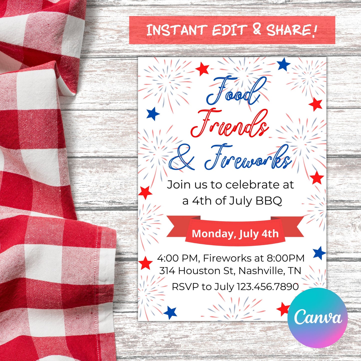 4th of July Invitation, Fourth of July Celebration, BBQ Fireworks, Neighborhood Block Party, Personalized Editable, Instant Edit & Download