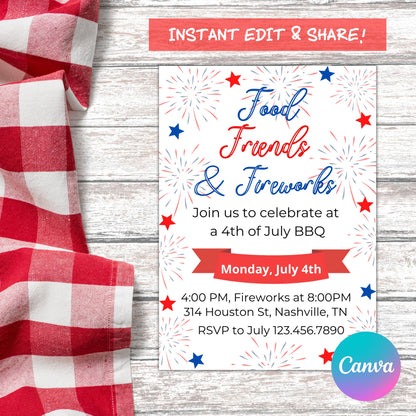 4th of July Invitation, Fourth of July Celebration, BBQ Fireworks, Neighborhood Block Party, Personalized Editable, Instant Edit & Download