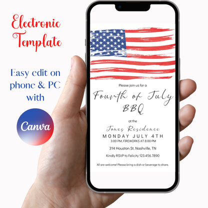 AMERICAN FLAG 4th of July Invitation Template, American BBQ Invitation, Fourth of July Celebration, Fireworks, Instant Edit & Download