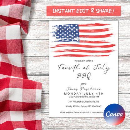 AMERICAN FLAG 4th of July Invitation Template, American BBQ Invitation, Fourth of July Celebration, Fireworks, Instant Edit & Download