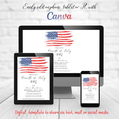 AMERICAN FLAG 4th of July Invitation Template, American BBQ Invitation, Fourth of July Celebration, Fireworks, Instant Edit & Download