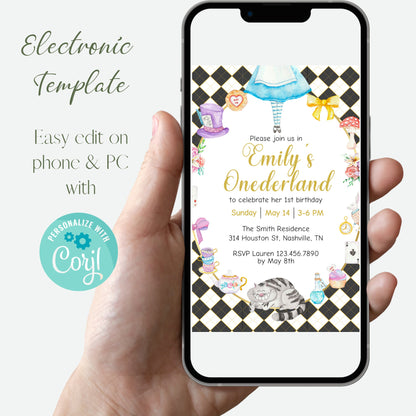 Alice in Wonderland Invitation Template, Alice in Onederland 1st Birthday Invite, Mad Tea Party, Editable Printable Instant Download